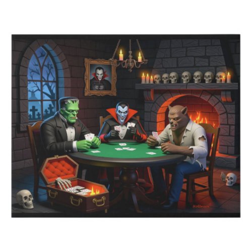 DRACULA & FRANKENSTEIN'S HALLOWEEN MONSTER POKER FAUX CANVAS PRINT