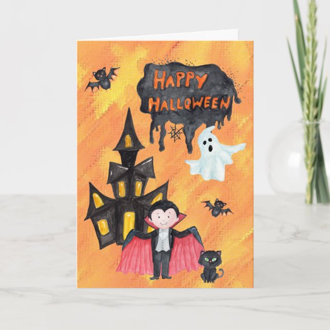 Dracula Haunted House Kids Halloween Card (Front)