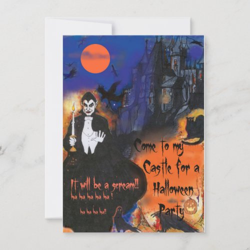 Dracula Long Black Cape and Spooky Castle Art Invitation