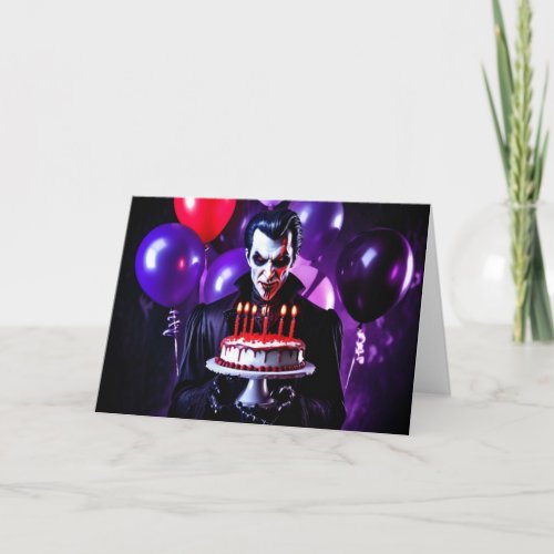 Dracula with Birthday Cake on Halloween Holiday Card