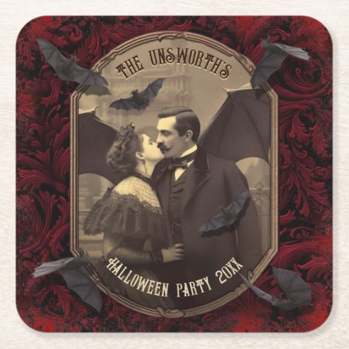 Draculas Romantic Vampire Kiss Halloween Party  Square Paper Coaster