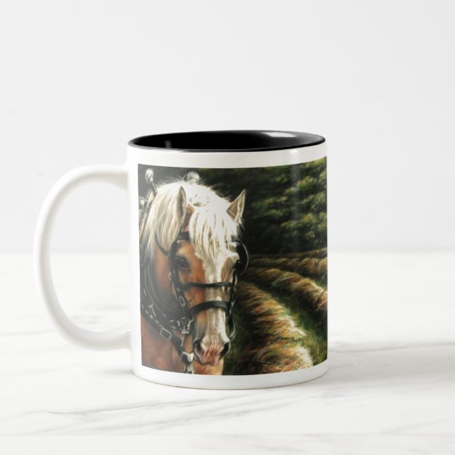 Draft horse making hay Two-Tone coffee mug (Left)
