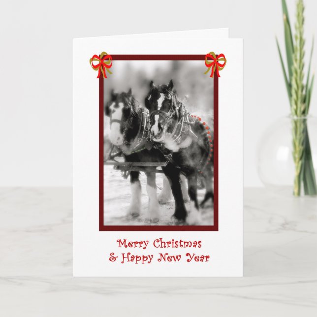 Draft Horse Team, Merry Christmas, Happy New Year Holiday Card (Front)