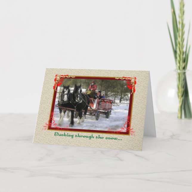 Draft-Horse Winter Sleigh Ride, Christmas Holiday Card (Front)
