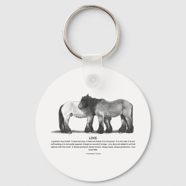 Draft Horses in Pencil: Bible Verses About LOVE Keychain (Front)