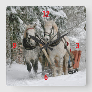 Draft Horses Pulling Sleigh Square Wall Clock