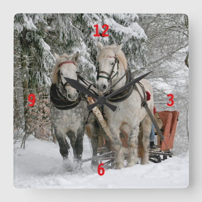 Draft Horses Pulling Sleigh Square Wall Clock (Front)