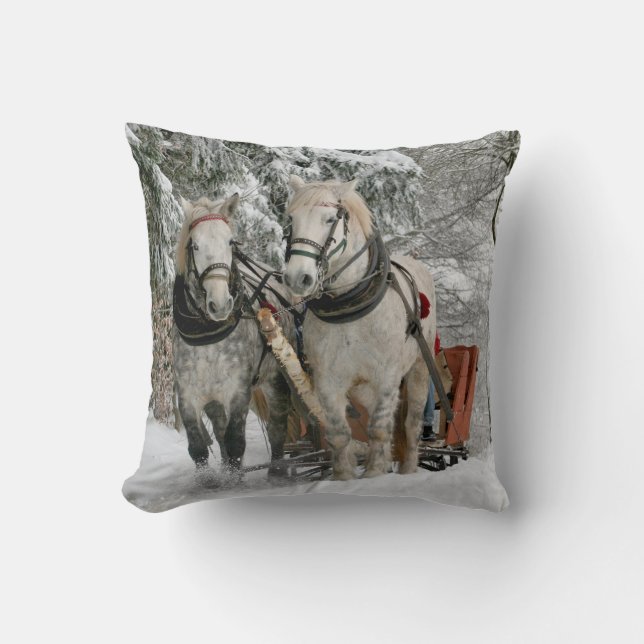 Draft Horses Pulling Sleigh Throw Pillow (Front)