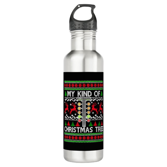 Drag Racing Christmas Tree Ugly Xmas Sweater Stainless Steel Water Bottle (Front)