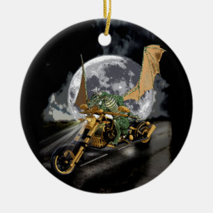 Drag-racing Dragon and Moon Fantasy Artwork Ceramic Ornament