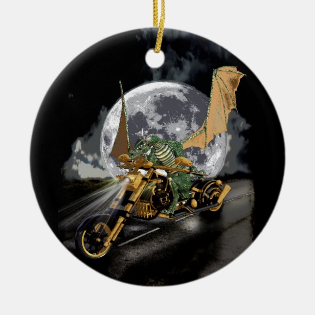 Drag-racing Dragon and Moon Fantasy Artwork Ceramic Ornament (Front)