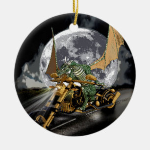 Drag-racing Dragon and Moon Fantasy Artwork Ceramic Ornament