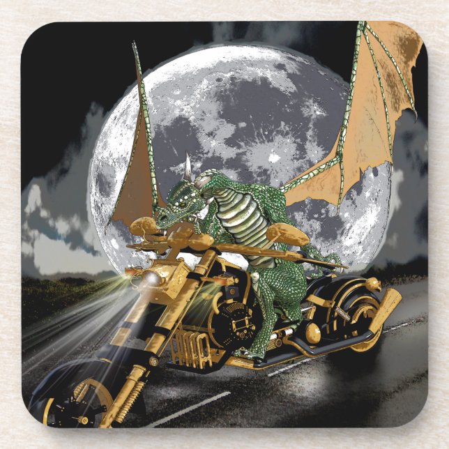 Drag-racing Dragon and Moon Fantasy Artwork Drink Coaster (Front)