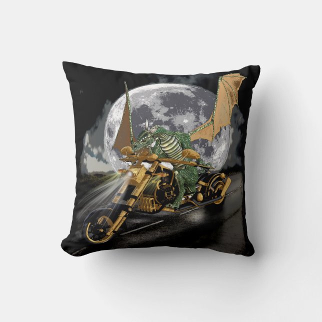 Drag-racing Dragon and Moon Fantasy Artwork Throw Pillow (Front)