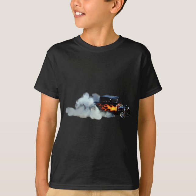 Drag-Racing Smoking Flaming Vintage Car T-Shirt (Front)
