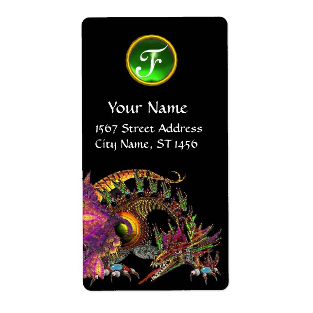 DRAGO / FANTASY DRAGON Green Emerald Gem Monogram Label (Front)