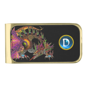 DRAGO / FANTASY DRAGON IN GOLD BLUE GEM MONOGRAM GOLD FINISH MONEY CLIP