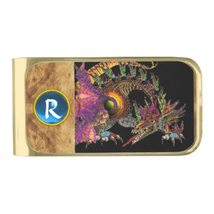 DRAGO / FANTASY DRAGON IN GOLD BLUE GEM MONOGRAM GOLD FINISH MONEY CLIP