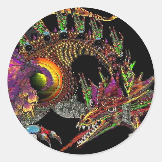 DRAGO / FANTASY DRAGON IN GOLD PURPLE AND BLACK CLASSIC ROUND STICKER (Front)