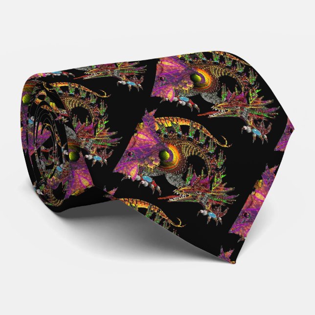 DRAGO / FANTASY DRAGON IN GOLD PURPLE AND BLACK NECK TIE (Rolled)