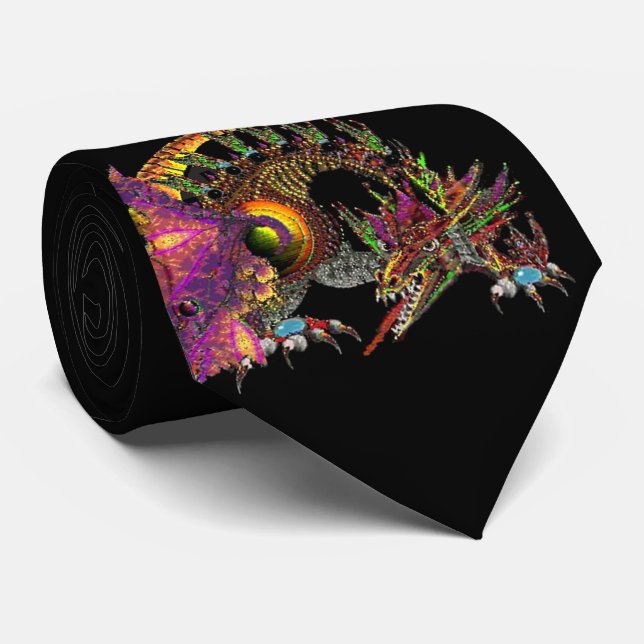DRAGO / FANTASY DRAGON IN GOLD PURPLE AND BLACK NECK TIE (Rolled)