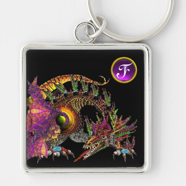 DRAGO Fantasy Dragon Purple Gem Monogram Keychain (Front)