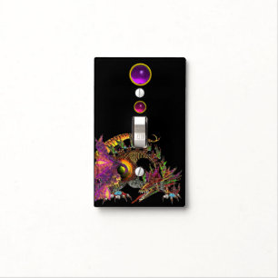 DRAGO /Fantasy Gold Dragon and Gemstones In Black Light Switch Cover
