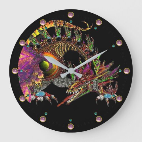 DRAGO Fantasy Gold Dragon In Black Pink Gemstones Large Clock