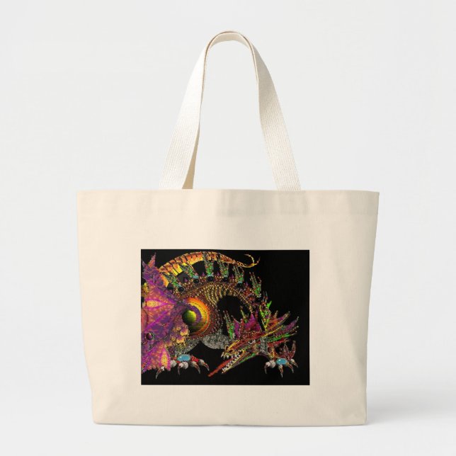 DRAGO / FANTASY GOLD DRAGON IN PURPLE AND BLACK LARGE TOTE BAG (Front)