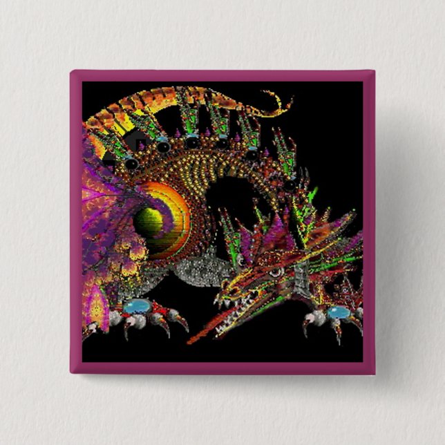 DRAGO / FANTASY GOLD DRAGON IN PURPLE AND BLACK PINBACK BUTTON (Front)