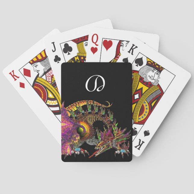 DRAGO,FANTASY GOLD DRAGON IN PURPLE BLACK Monogram Poker Cards (Back)
