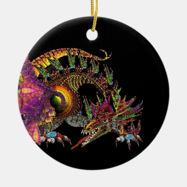 DRAGO,FANTASY GOLD DRAGON IN PURPLE BLACK,Red Ruby Ceramic Ornament (Front)