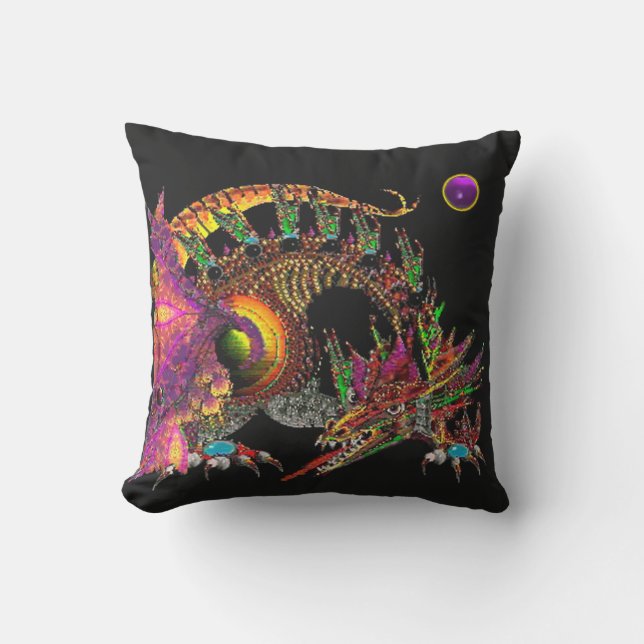 DRAGO /FANTASY GOLD DRAGON,PURPLE BLACK MONOGRAM OUTDOOR PILLOW (Front)