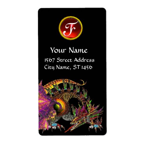 DRAGO  FANTASY GOLD DRAGON Red Ruby Gem Monogram Label