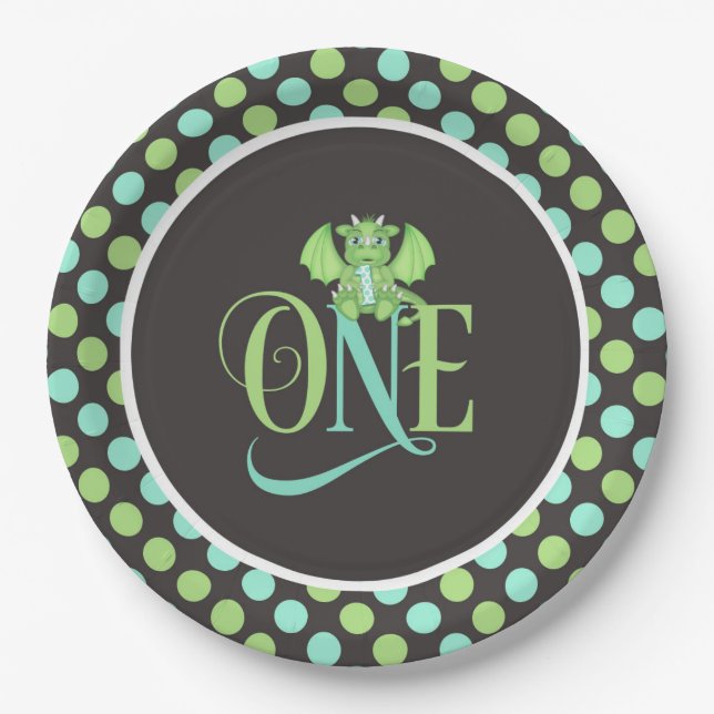 Dragon 1st Birthday Plates Green/Blue/Gray (Front)