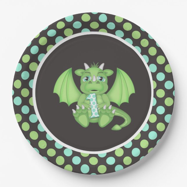 Dragon 1st Birthday Plates Green/Blue/Gray (Front)
