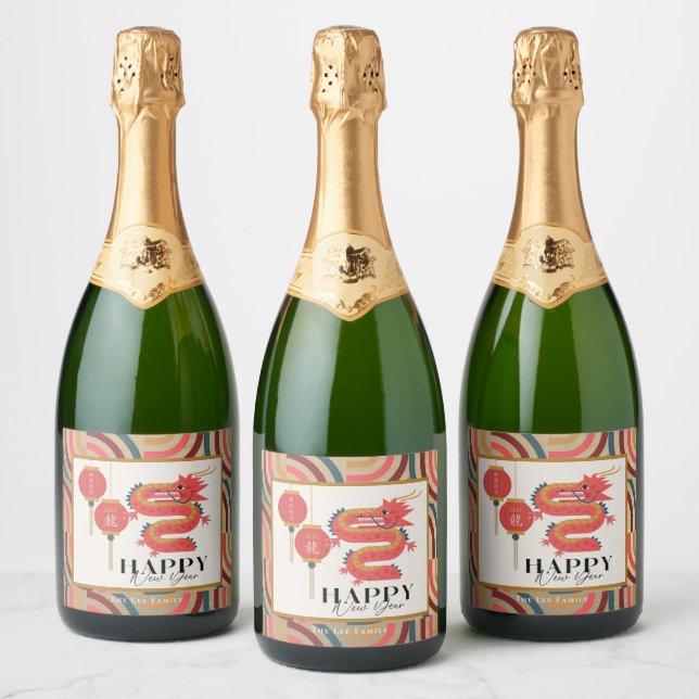 Dragon 2024 Gold Chinese New Year Holiday Sparkling Wine Label (Bottles)