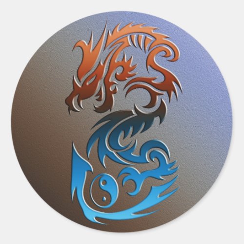 Dragon 2 Yin Yang blue bronze Classic Round Sticker