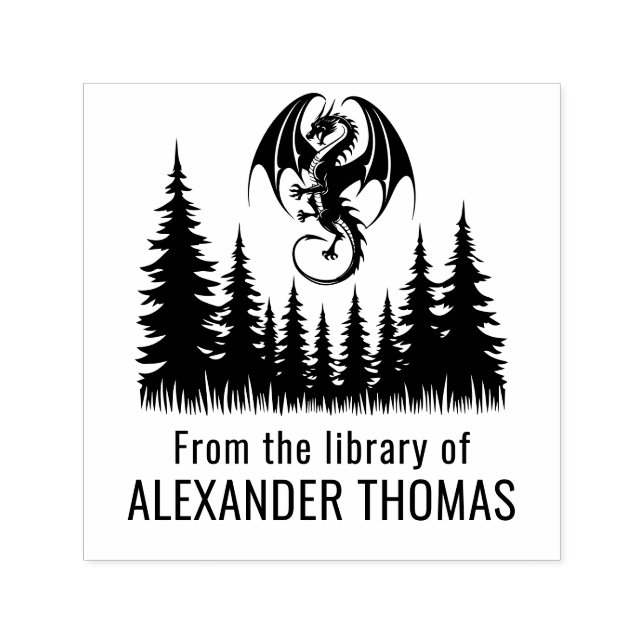 Dragon Above Fir Trees Library Book Name Self-inking Stamp (Design)