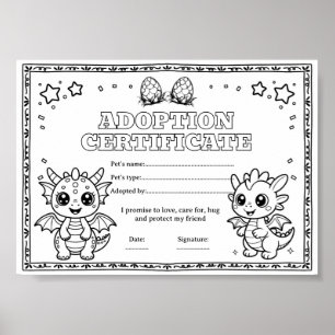 Dragon adopt a pet coloring certificate poster