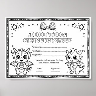 Dragon adopt a pet coloring certificate poster