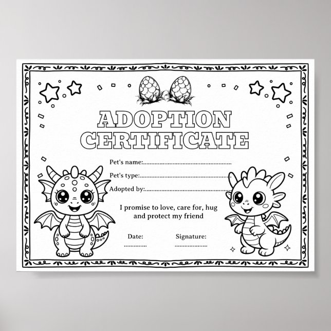 Dragon adopt a pet coloring certificate poster (Front)