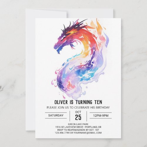 Dragon Adventure Watercolor Birthday Invitation