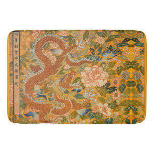 DRAGON AMONG PEONIES,FLOWERS,GREEN LEAVES Floral Bath Mat