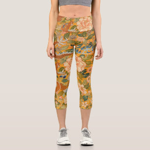 DRAGON AMONG PEONIES,FLOWERS,GREEN LEAVES Floral Capri Leggings