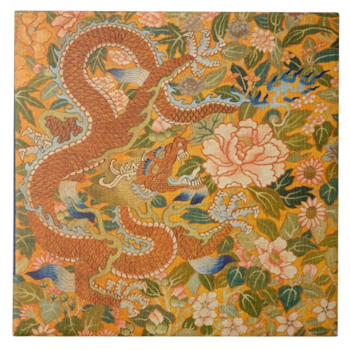DRAGON AMONG PEONIESFLOWERSGREEN LEAVES Floral Ceramic Tile
