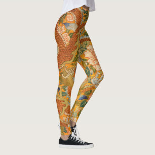 DRAGON AMONG PEONIES,FLOWERS,GREEN LEAVES Floral Leggings