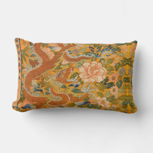 DRAGON AMONG PEONIES,FLOWERS,GREEN LEAVES Floral Lumbar Pillow