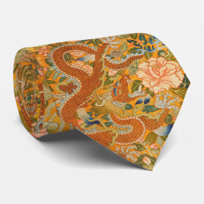 DRAGON AMONG PEONIES,FLOWERS,GREEN LEAVES Floral Neck Tie