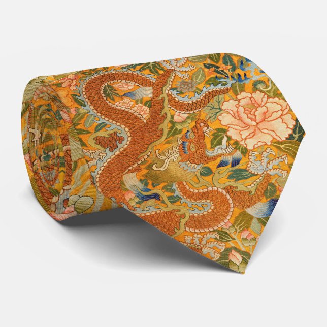 DRAGON AMONG PEONIES,FLOWERS,GREEN LEAVES Floral Neck Tie (Rolled)
